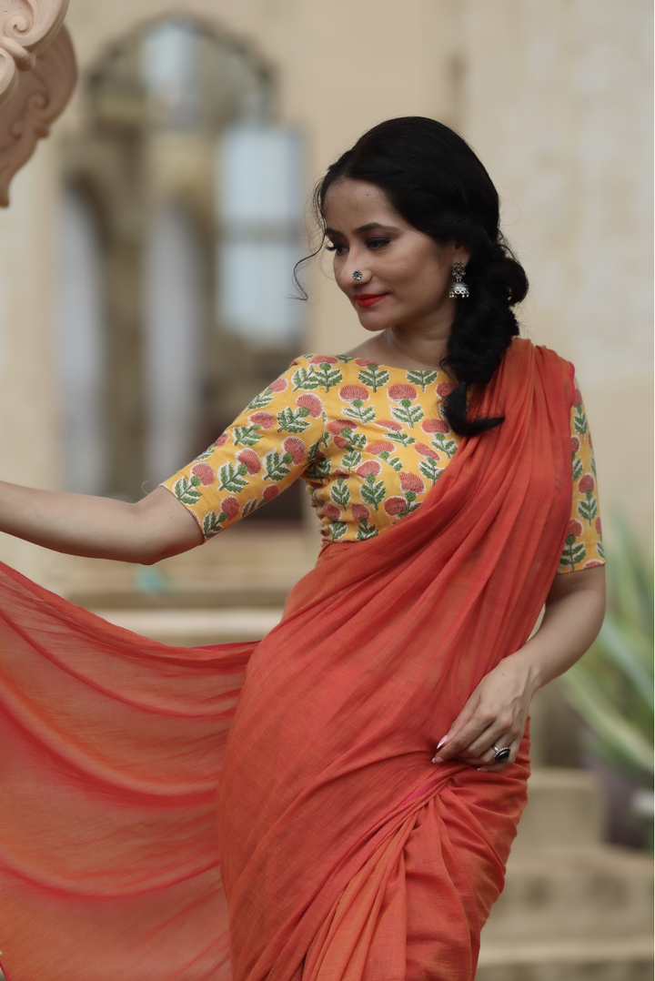 Mulmul Saree with Block Printed Tassels Sukhe Patton sa Narangi (SAREE)
