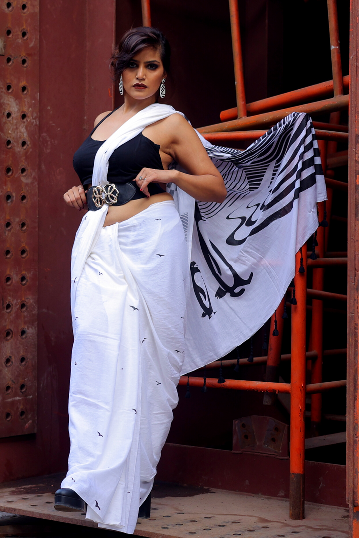 Screen Printed Mulmul Saree Sun above the Snow Peaks - White (SAREE)