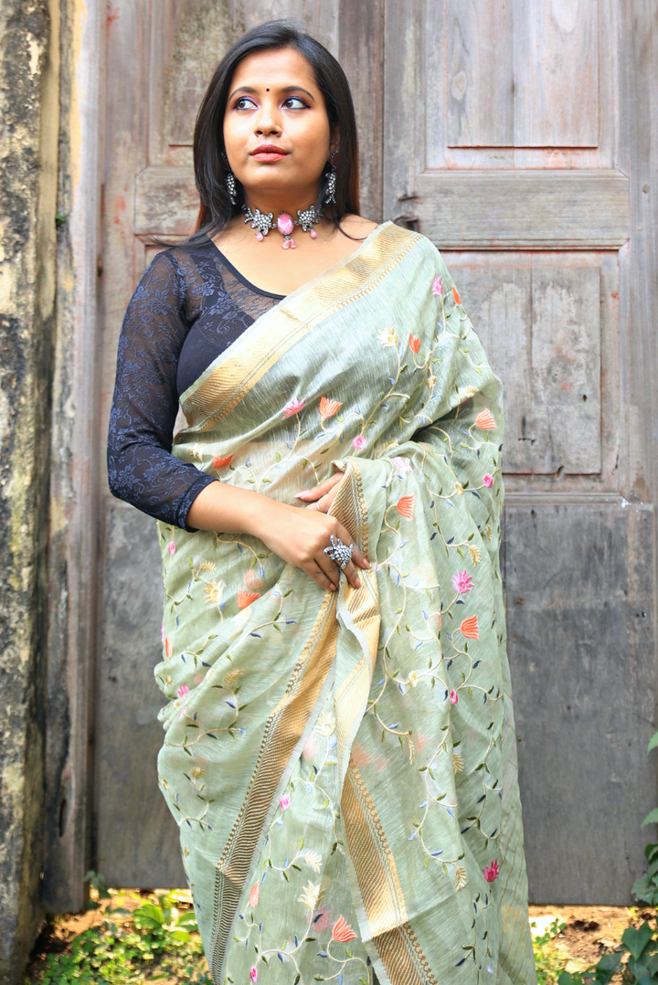 Embroidered Silk Linen Saree Shayari (SAREE)