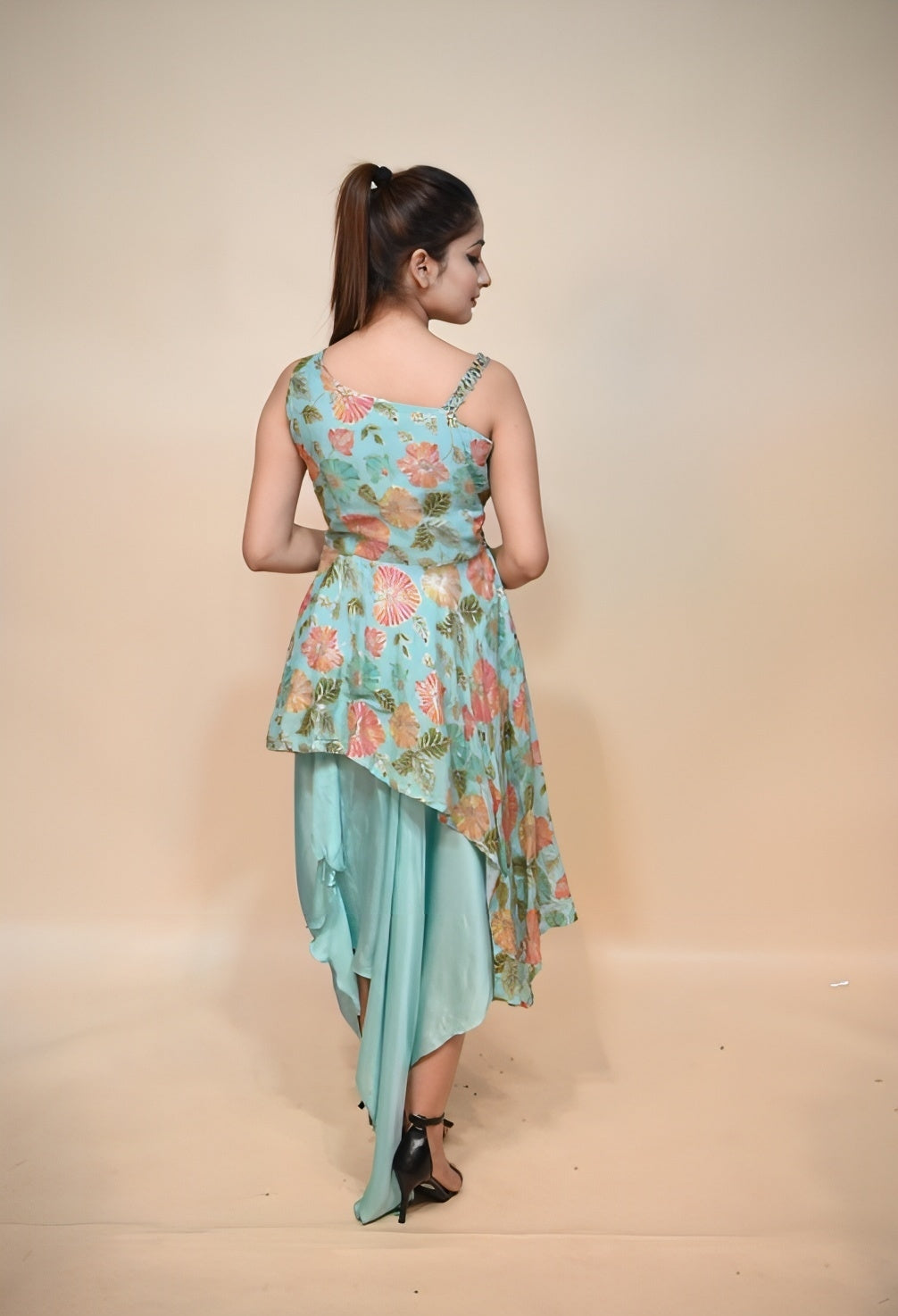 Sky Blue Chinon Dress with Sequins and Mirror Work