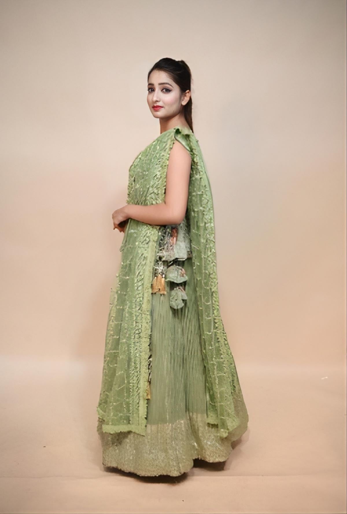Chic and Stylish Mint Green Crap Silk Dress with Sequins