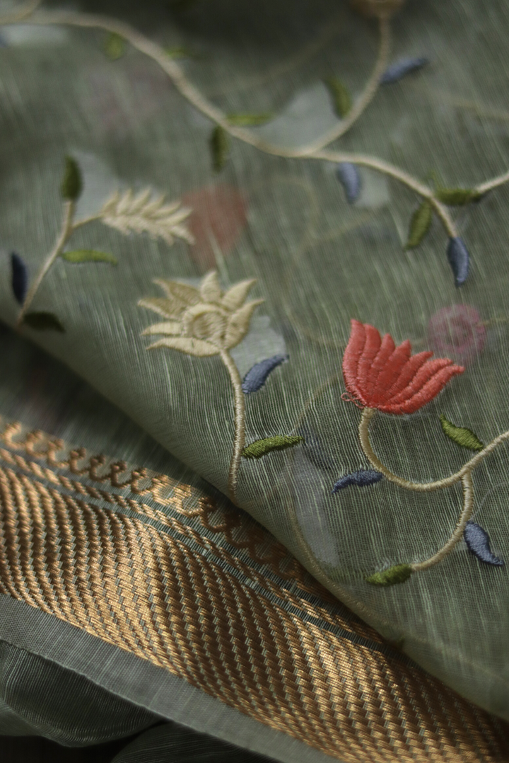 Embroidered Silk Linen Saree Shayari (SAREE)