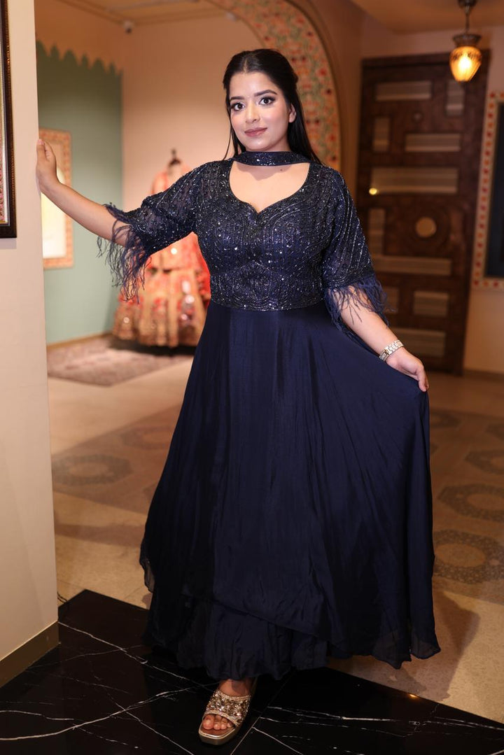 Elegant Dark Blue Chinnon Western Dress for Plus Sizes