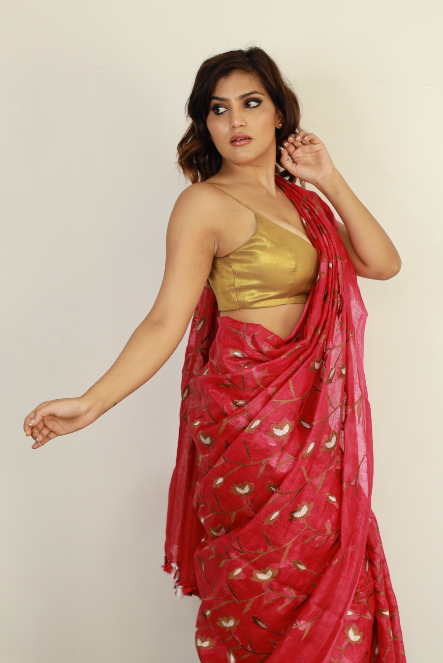 Embroidered Linen Saree Pink Agate (SAREE)