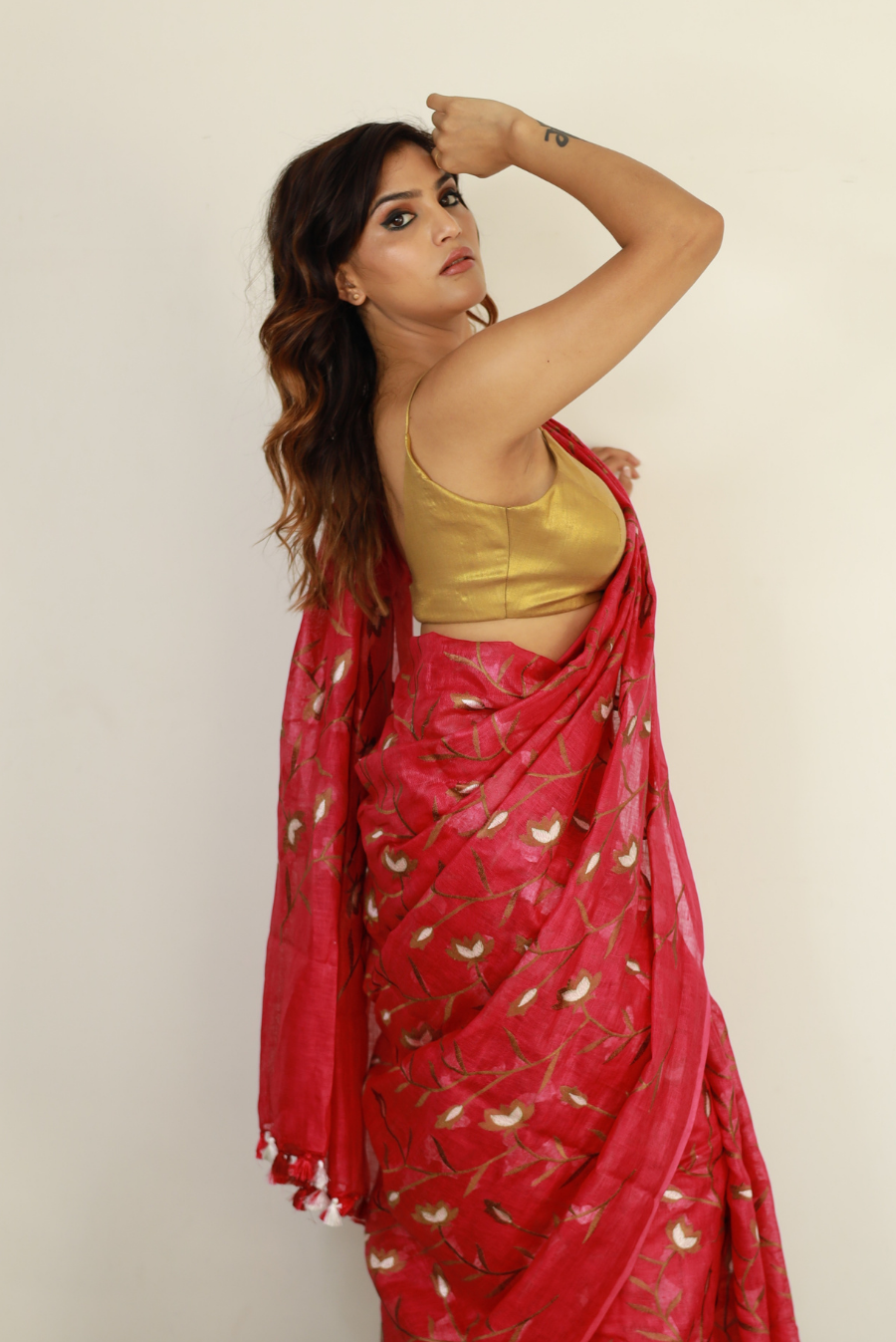 Embroidered Linen Saree Pink Agate (SAREE)