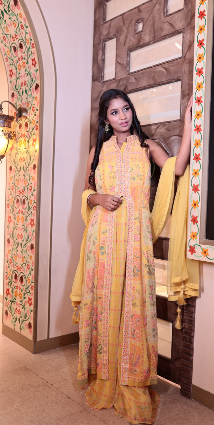 Vibrant Lemon Chinnon Long Front Slit Kurti with Skirt and Dupatta