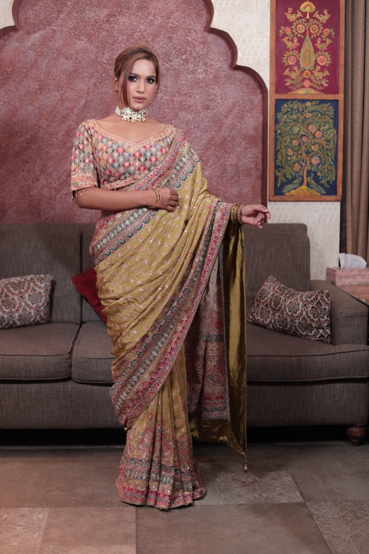 Opulent Multi-Color Satin Silk Saree with Intricate Embroidery