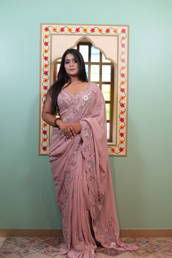 Luxurious Rose Georgette Saree with Exquisite Embroidery