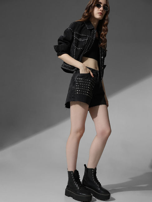 Black Embellished Co-ord Set Denim Shorts