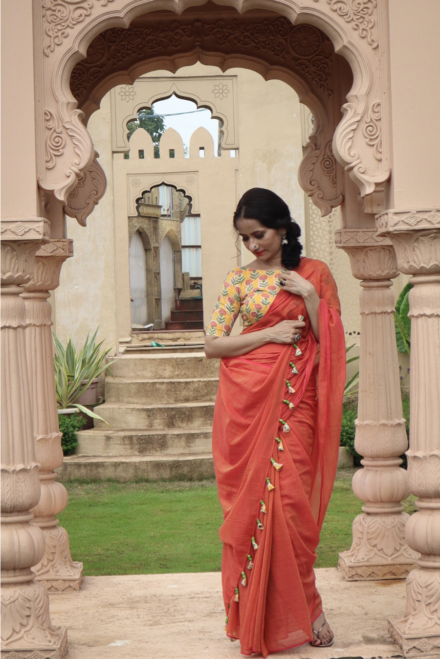 Mulmul Saree with Block Printed Tassels Sukhe Patton sa Narangi (SAREE)