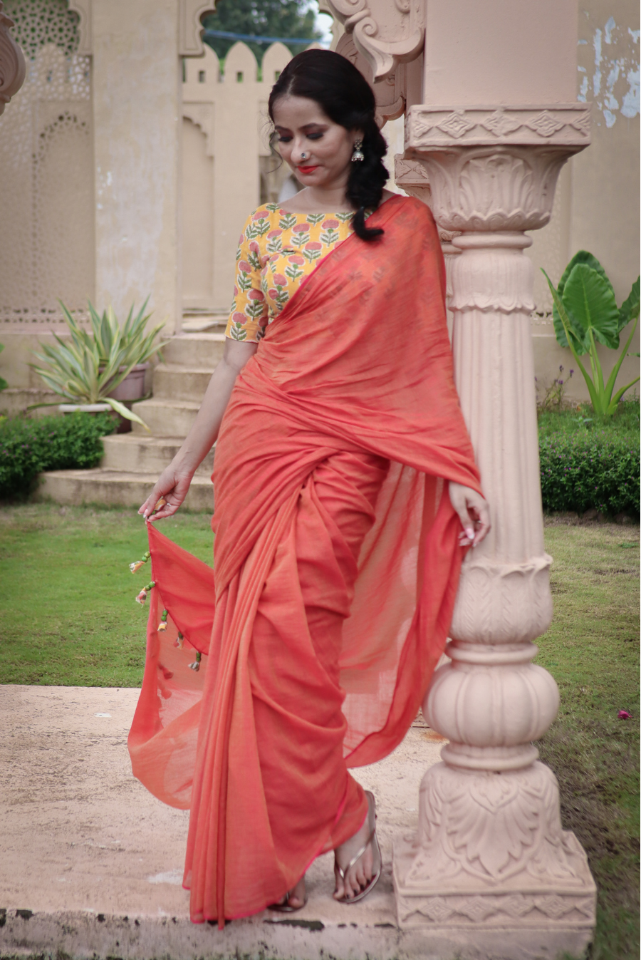 Mulmul Saree with Block Printed Tassels Sukhe Patton sa Narangi (SAREE)