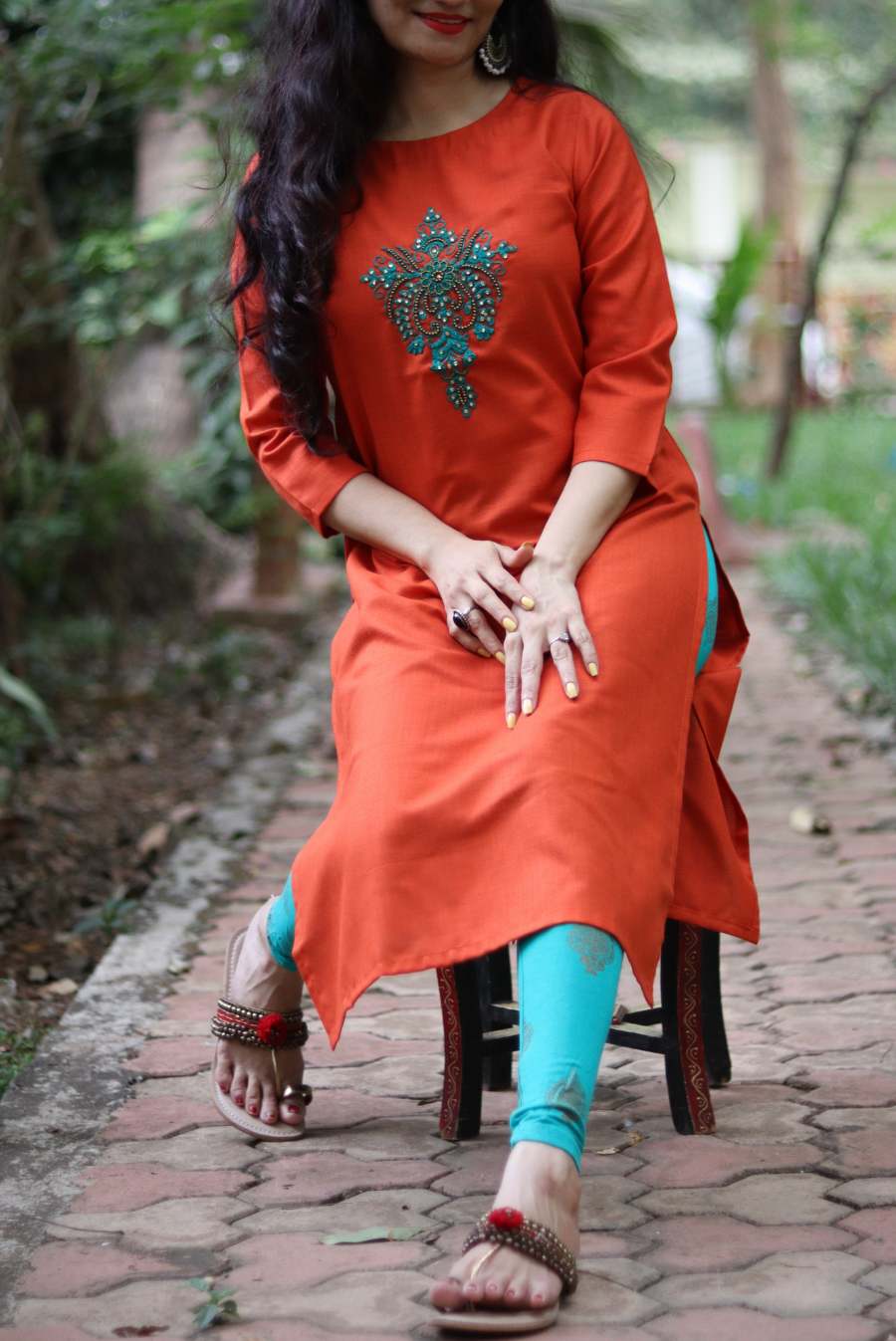 Embroidered Cotton Kurti Orange Bling (KURTI)
