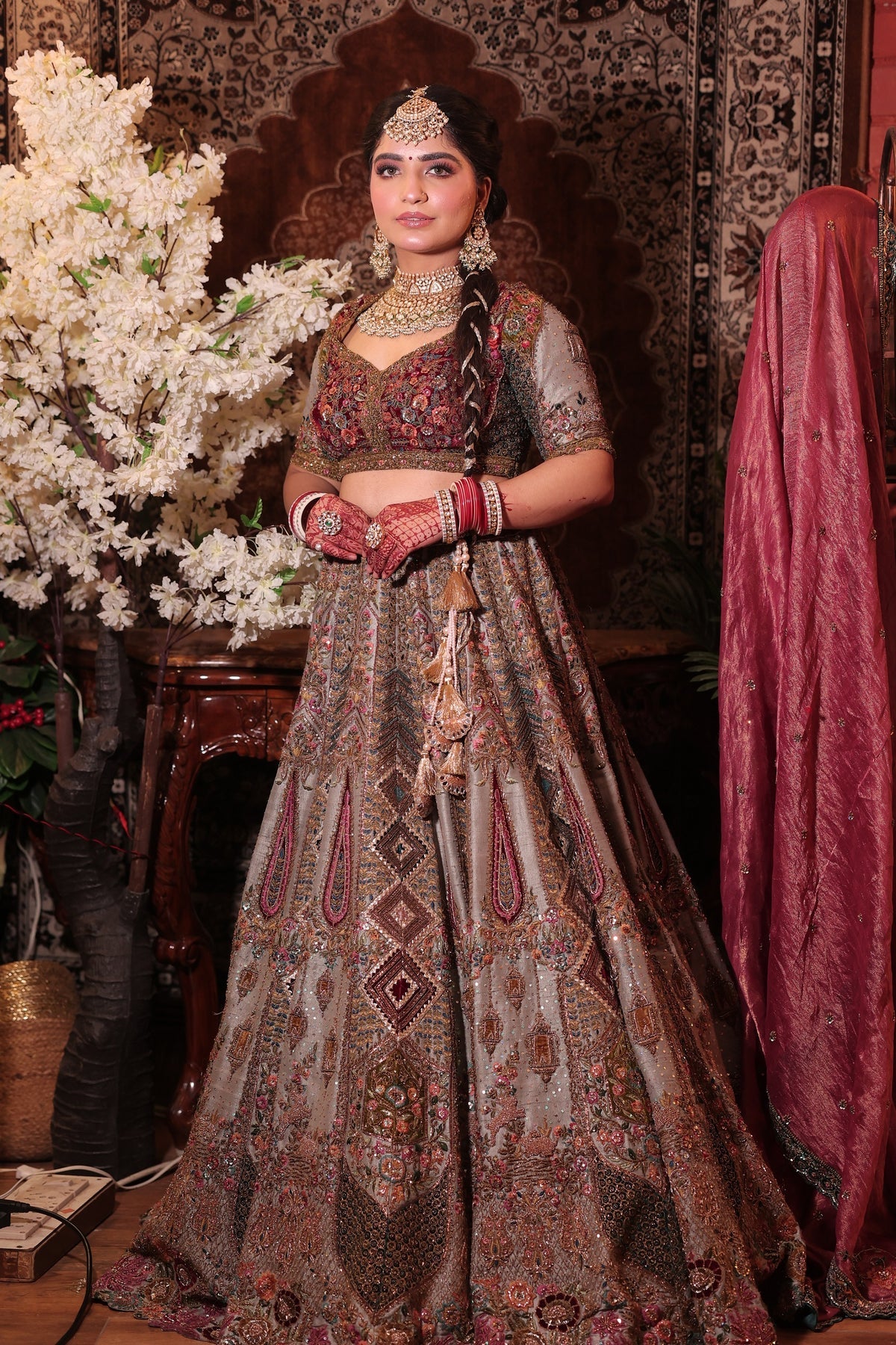 Gorgeous Designer Steel Silver & Maroon Lehenga with Mirror Work, Stones & Gota
