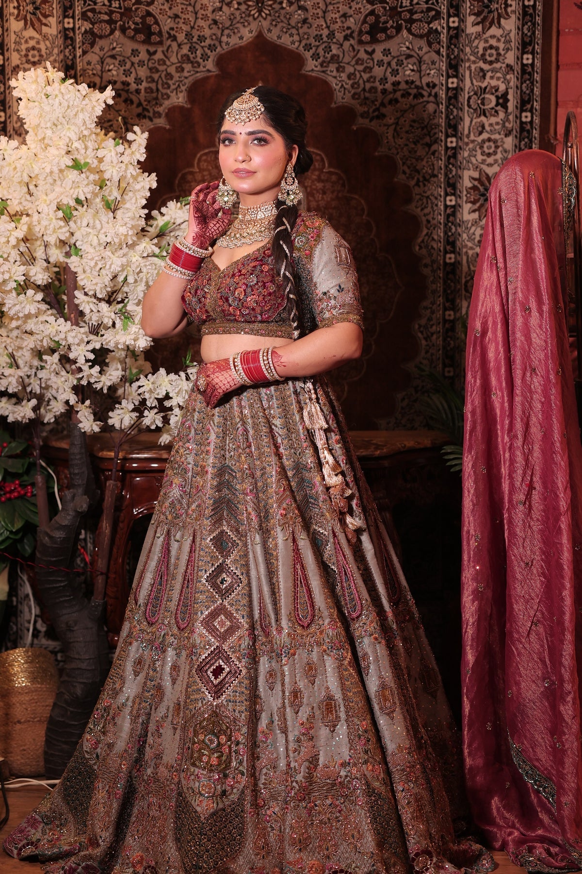 Gorgeous Designer Steel Silver & Maroon Lehenga with Mirror Work, Stones & Gota