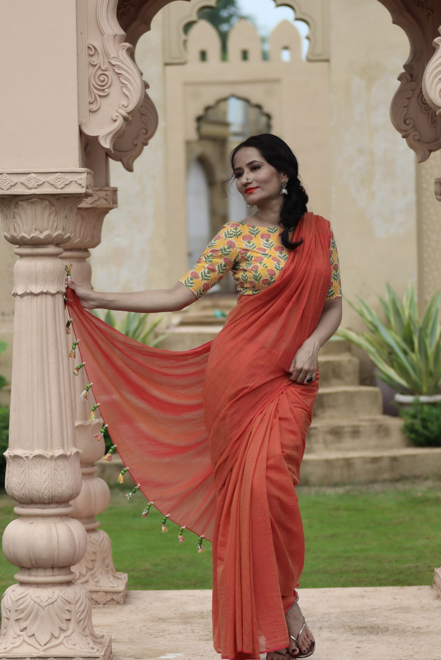 Mulmul Saree with Block Printed Tassels Sukhe Patton sa Narangi (SAREE)