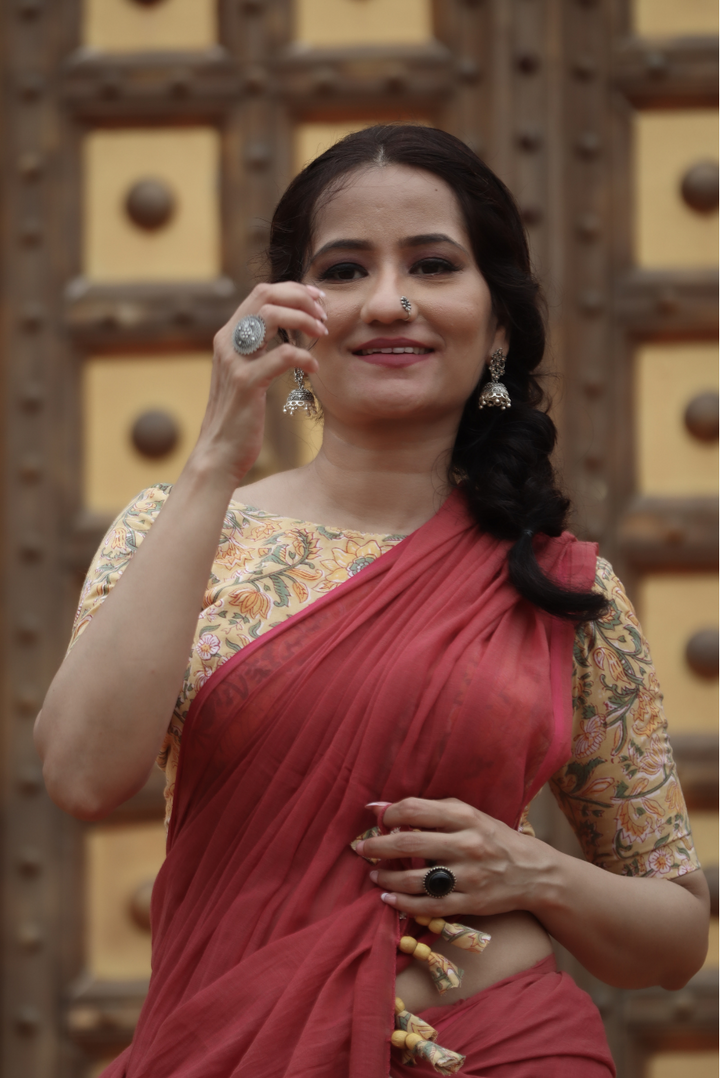 Mulmul Saree with Block Printed Tassels Mitti sa Bhoora (SAREE)