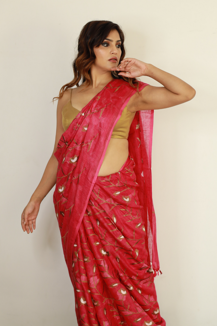 Embroidered Linen Saree Pink Agate (SAREE)