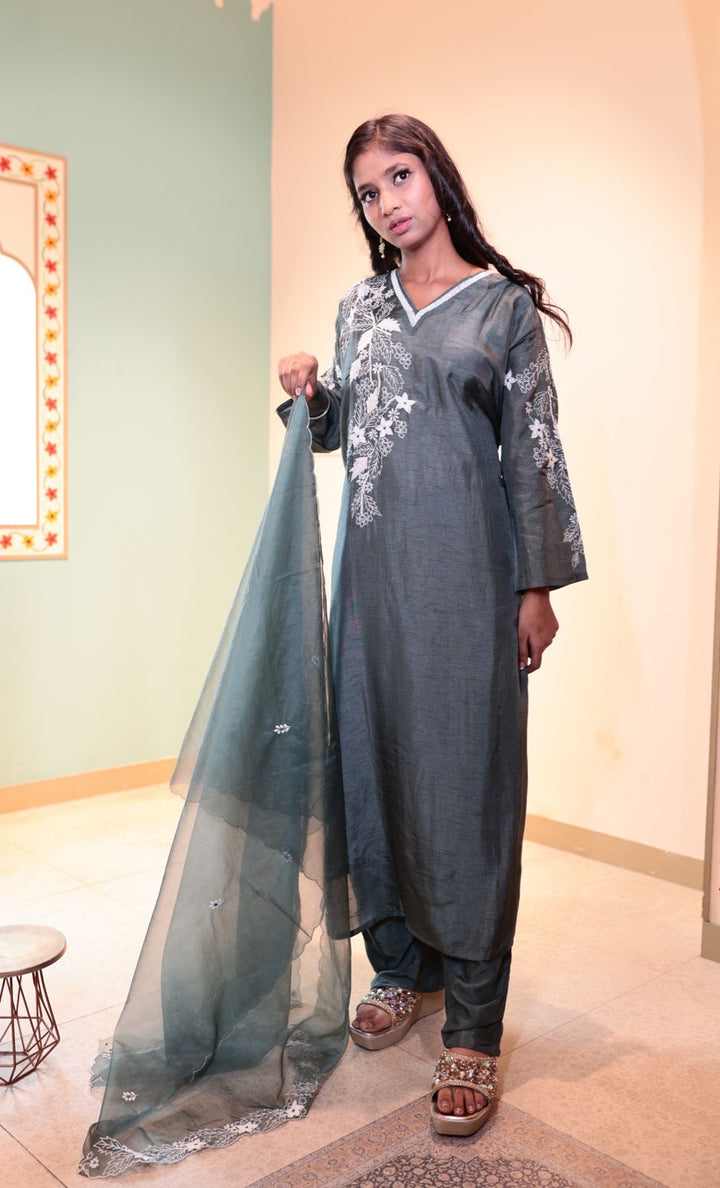 Raw Silk Kurti with Pant and Dupatta Set - Mamba