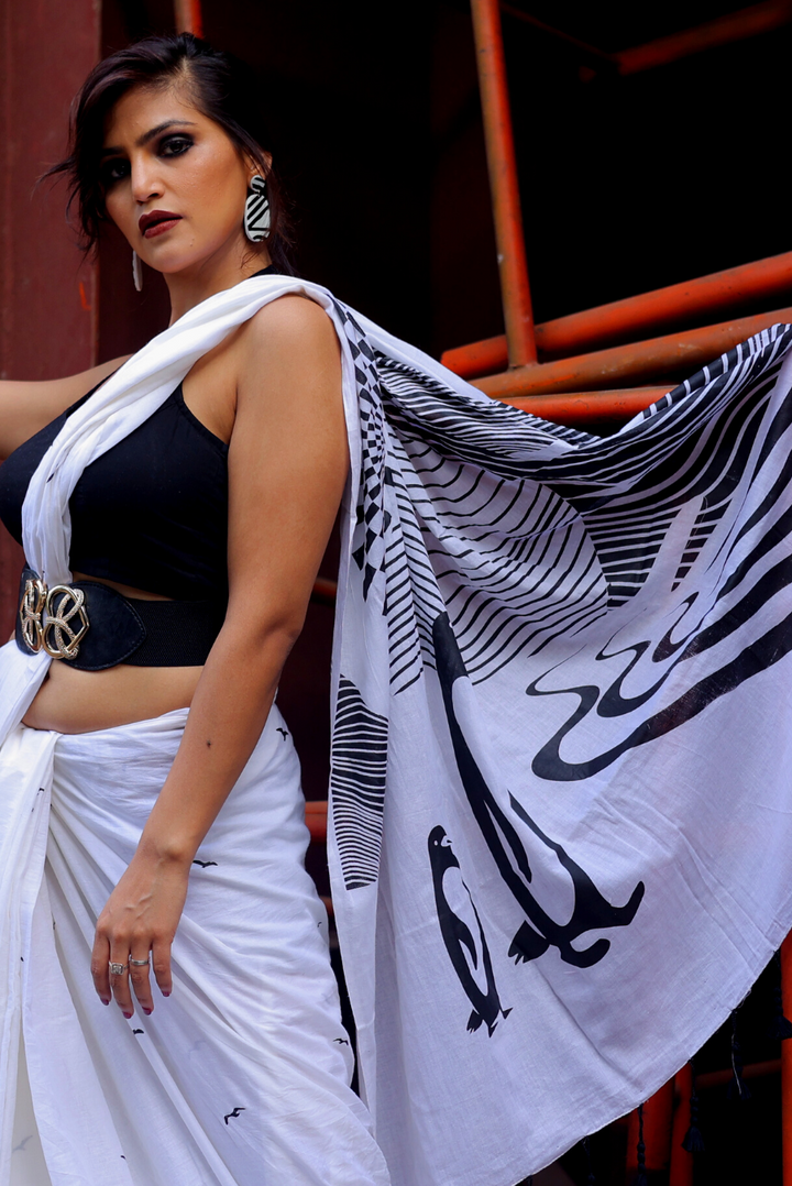 Screen Printed Mulmul Saree Sun above the Snow Peaks - White (SAREE)