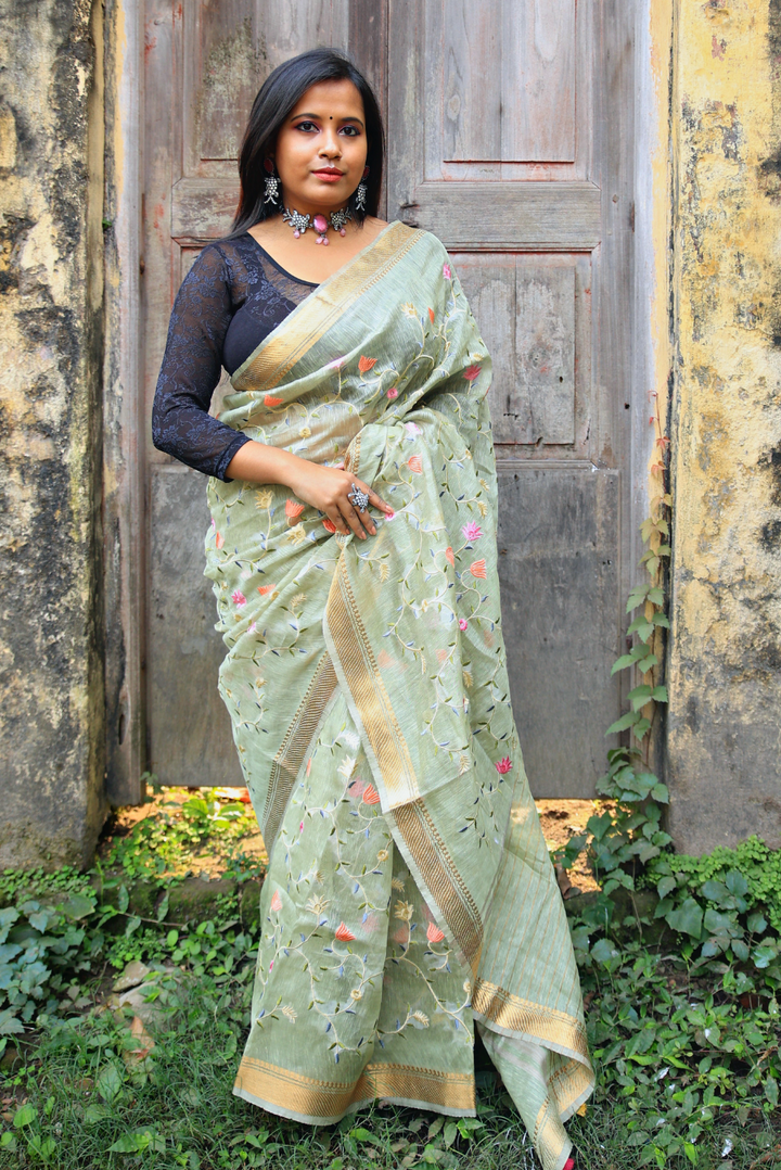 Embroidered Silk Linen Saree Shayari (SAREE)