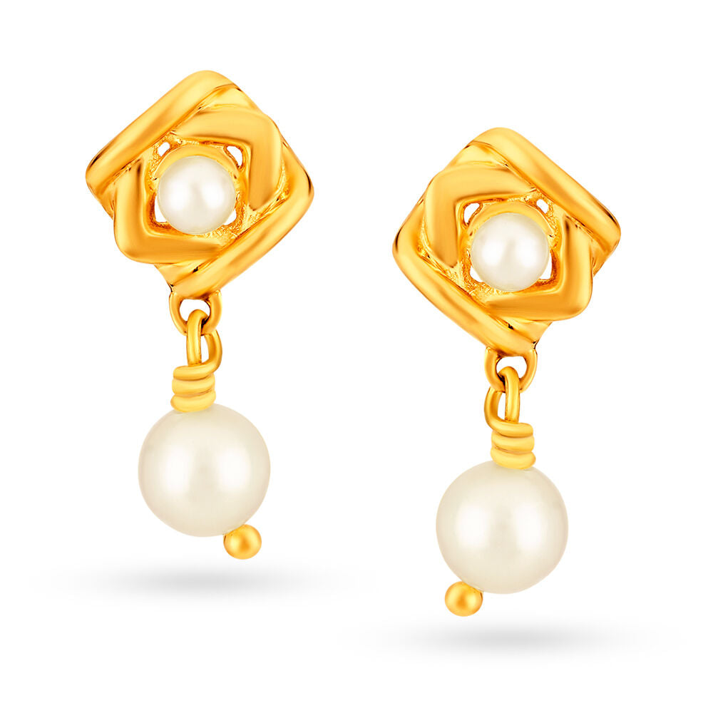 Yellow Gold And Pearl Geometric Drop Earrings