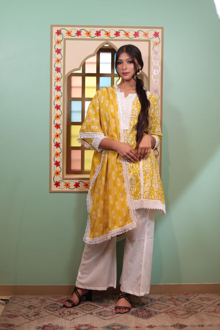 Charming Brimstone and Floral White Cotton Kurti with Pant and Dupatta