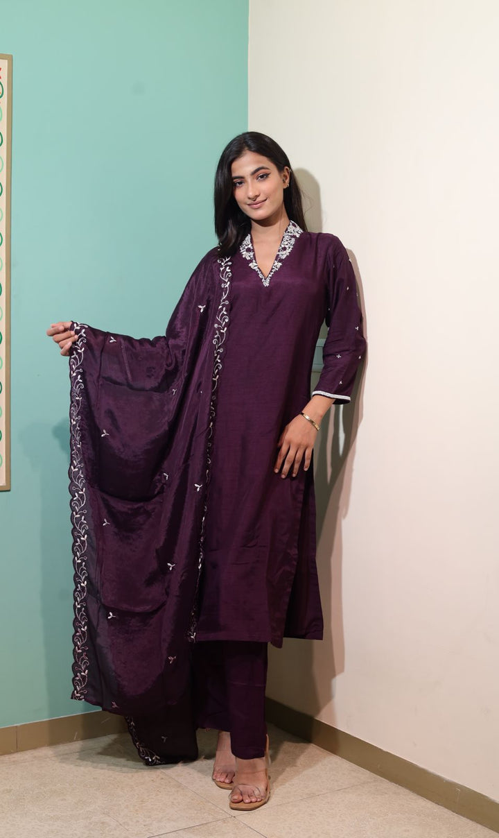 Grape Satin Silk Kurti with Pant and Dupatta