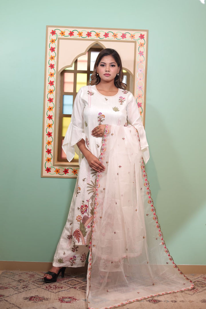 Elegant Floral White Cotton Kurti with Pant and Dupatta Set