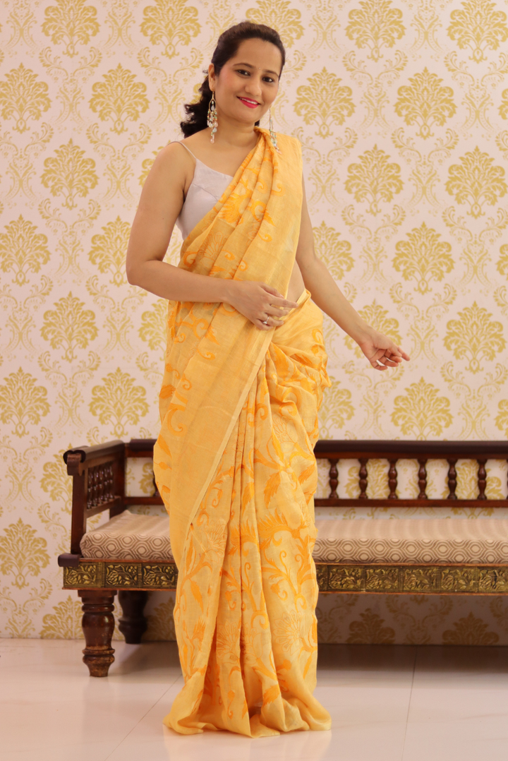 Embroidered Linen Saree Kesariya (SAREE)