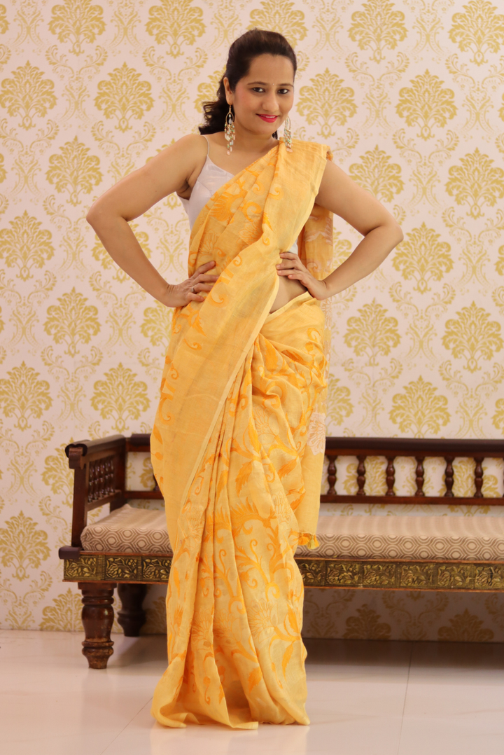 Embroidered Linen Saree Kesariya (SAREE)