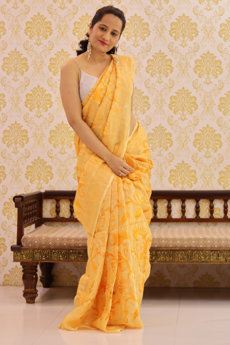 Embroidered Linen Saree Kesariya (SAREE)