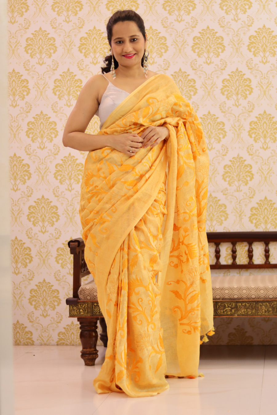 Embroidered Linen Saree Kesariya (SAREE)