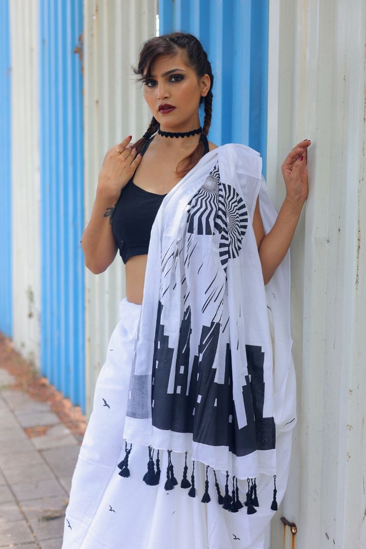Screen Printed Mulmul Saree The Rumbling Clouds - White (SAREE)