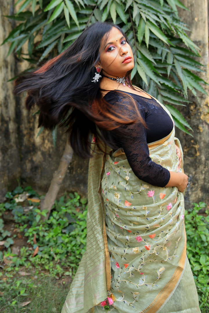 Embroidered Silk Linen Saree Shayari (SAREE)