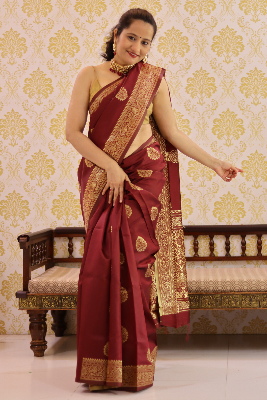 Banarasi Kota Silk Saree Peepal Leaf - Maroon (SAREE)