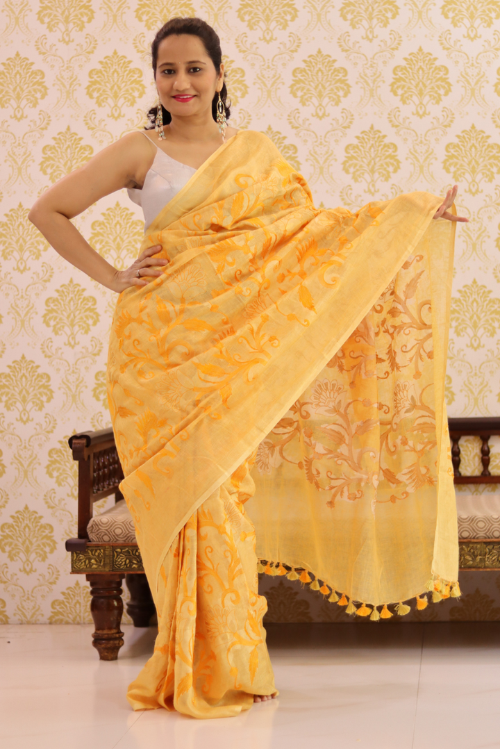 Embroidered Linen Saree Kesariya (SAREE)
