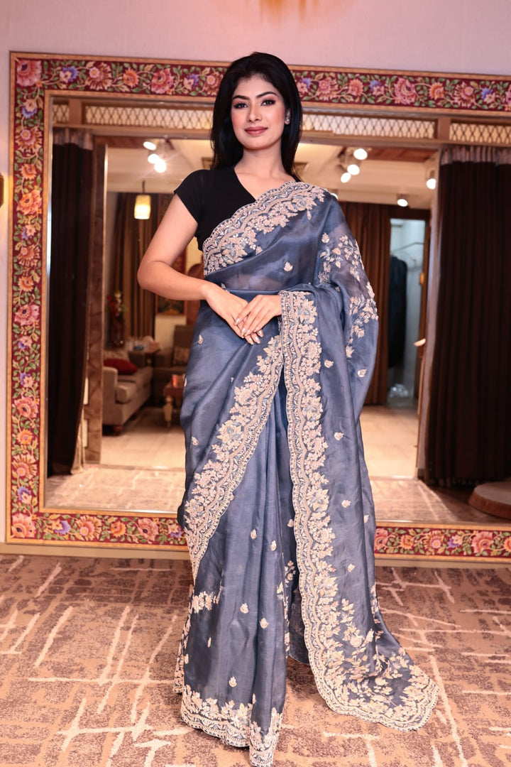 Elegant Brilliant Blue Organza Saree with Intricate Embroidery