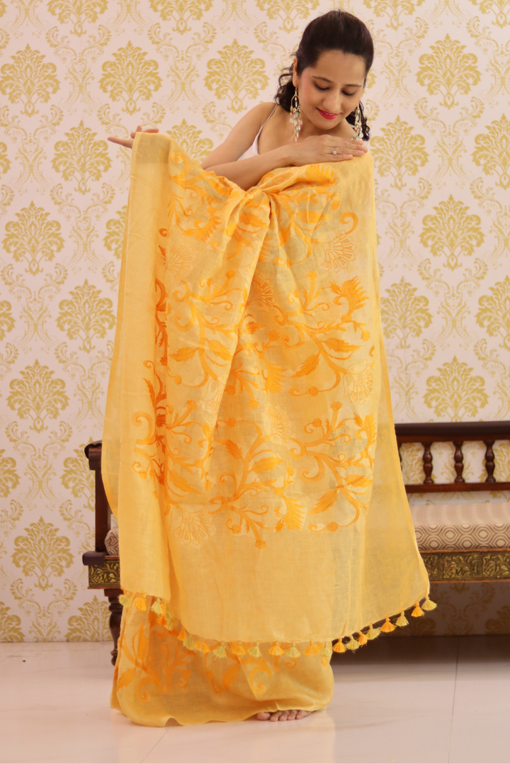 Embroidered Linen Saree Kesariya (SAREE)