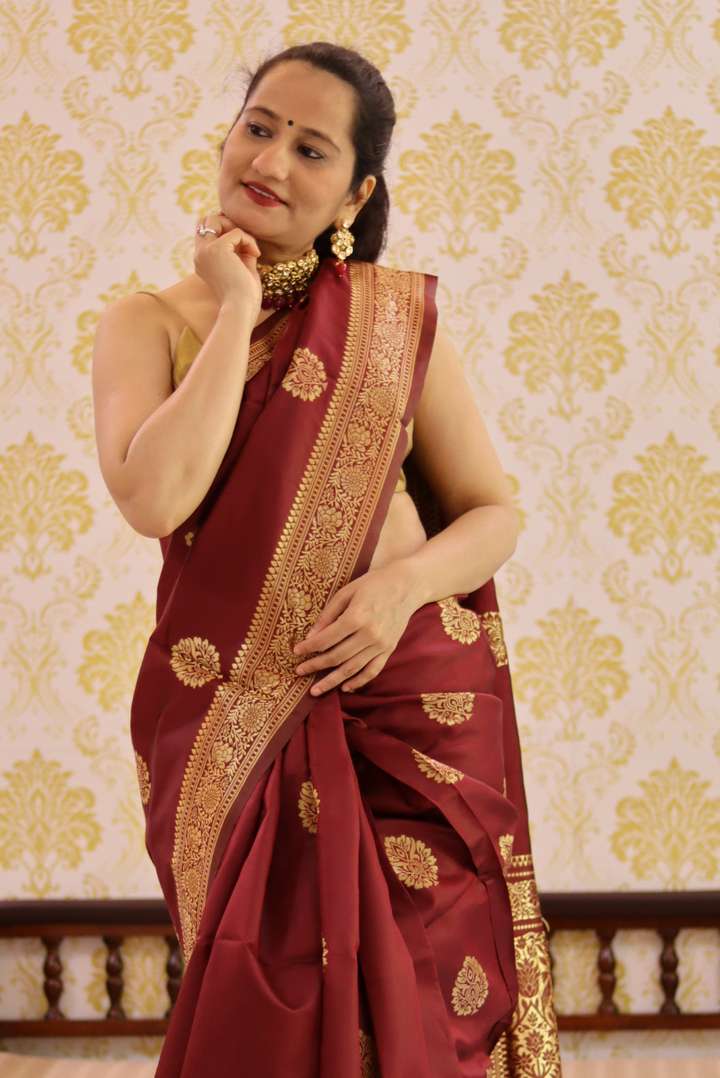 Banarasi Kota Silk Saree Peepal Leaf - Maroon (SAREE)