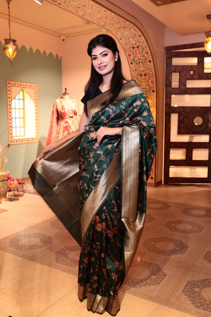 Elegant Dark Green Minakari Silk Saree with Intricate Floral Design