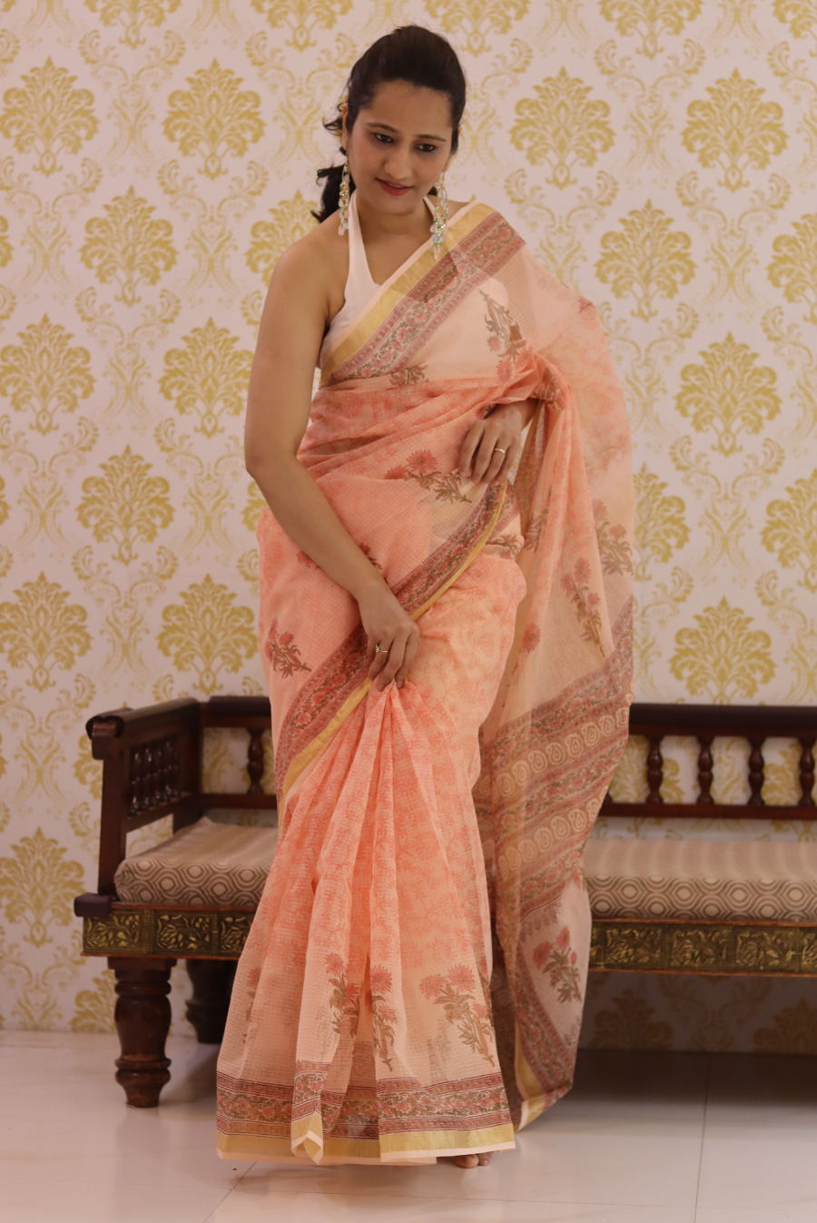 Block Printed Kota Cotton Saree Peach Tree (SAREE)