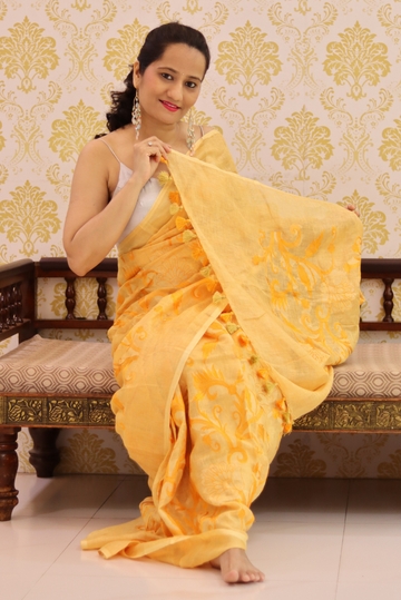 Embroidered Linen Saree Kesariya (SAREE)