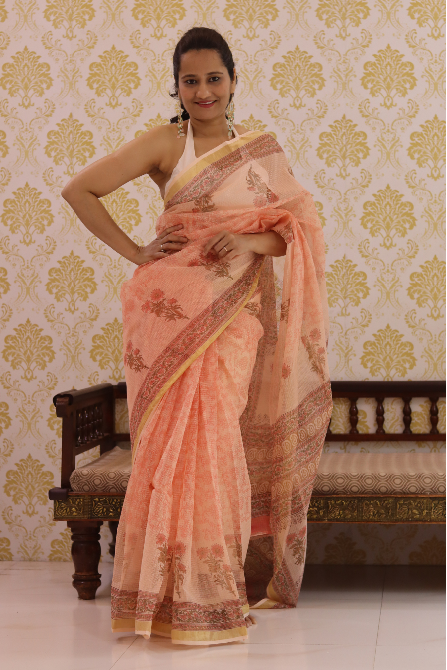 Block Printed Kota Cotton Saree Peach Tree (SAREE)