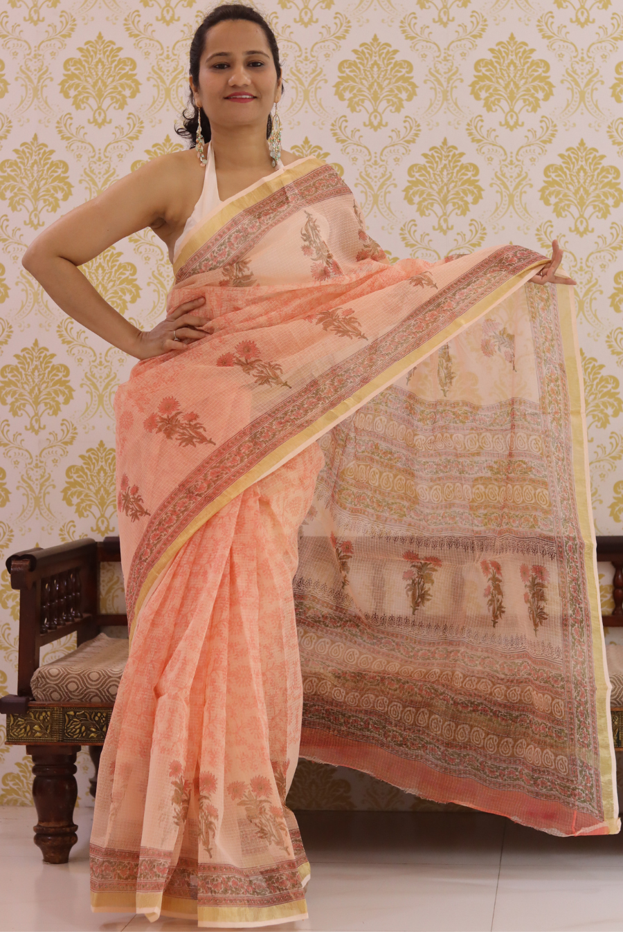 Block Printed Kota Cotton Saree Peach Tree (SAREE)