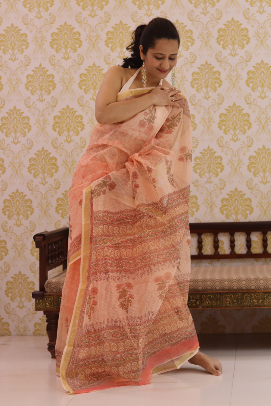 Block Printed Kota Cotton Saree Peach Tree (SAREE)