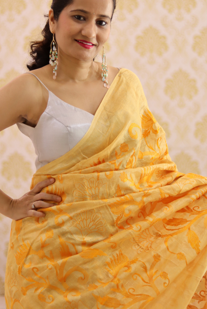 Embroidered Linen Saree Kesariya (SAREE)