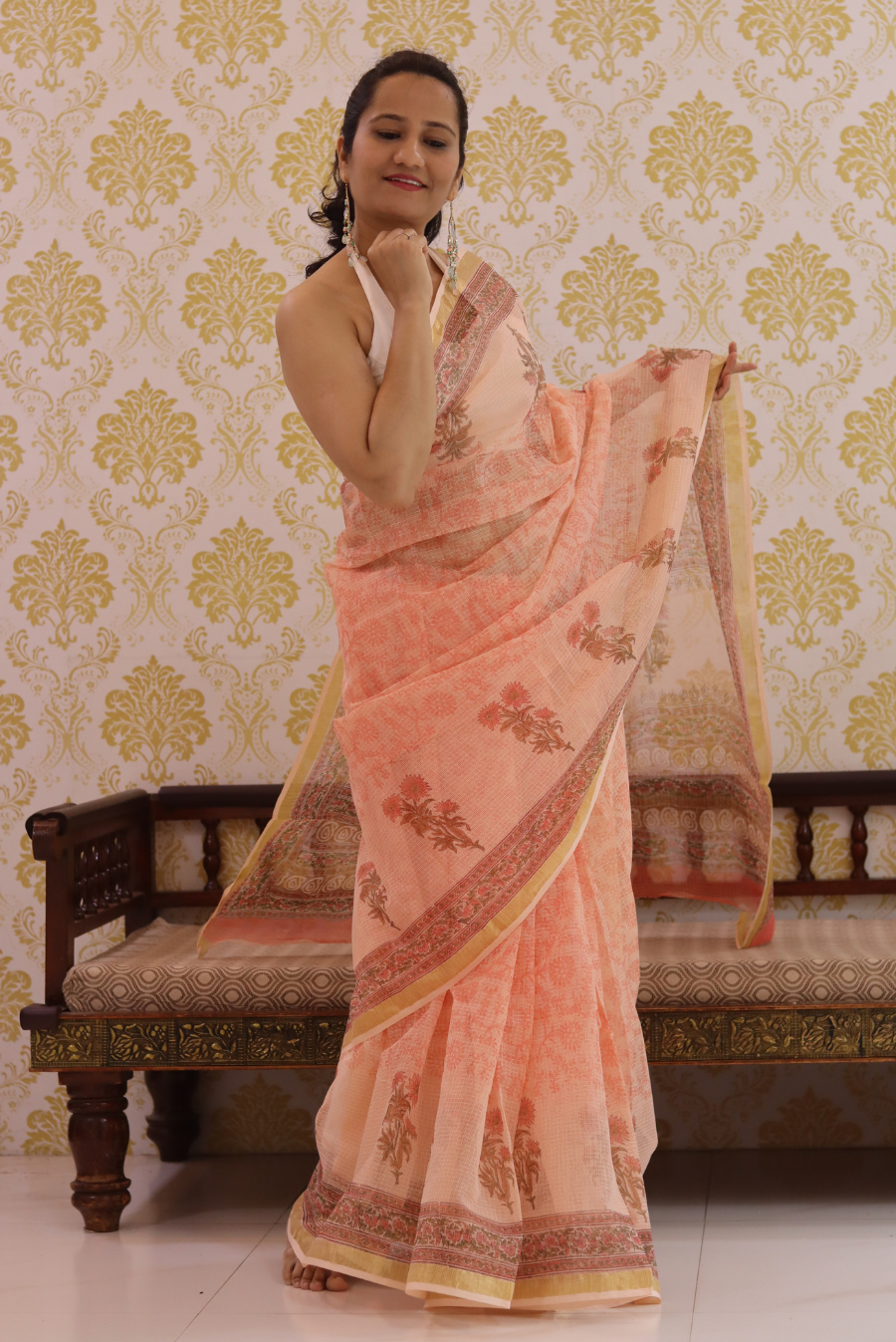 Block Printed Kota Cotton Saree Peach Tree (SAREE)