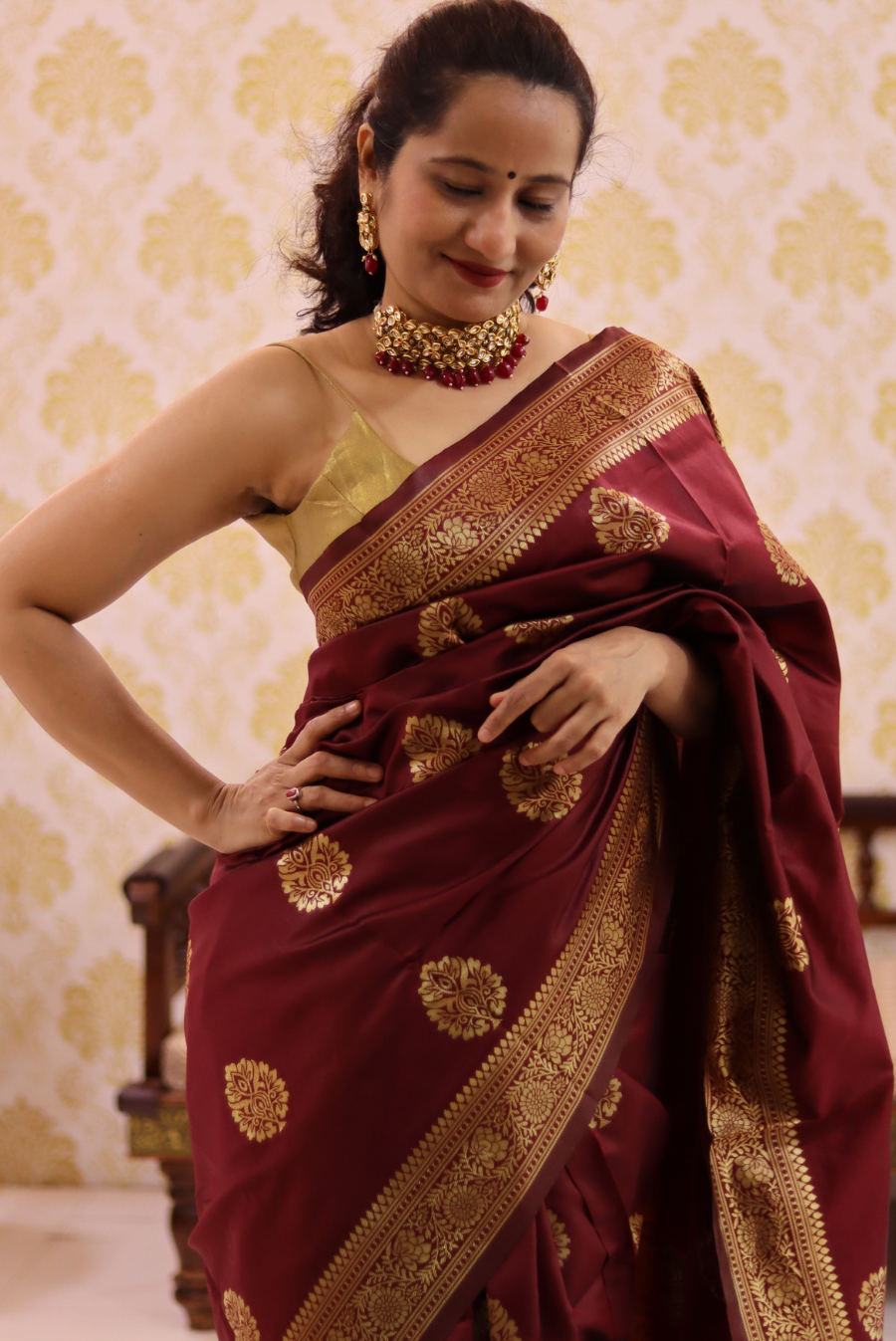 Banarasi Kota Silk Saree Peepal Leaf - Maroon (SAREE)