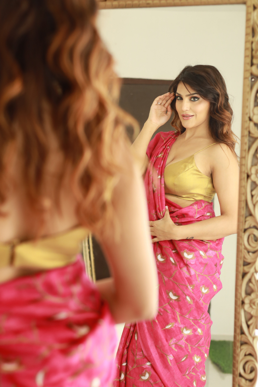 Embroidered Linen Saree Pink Agate (SAREE)