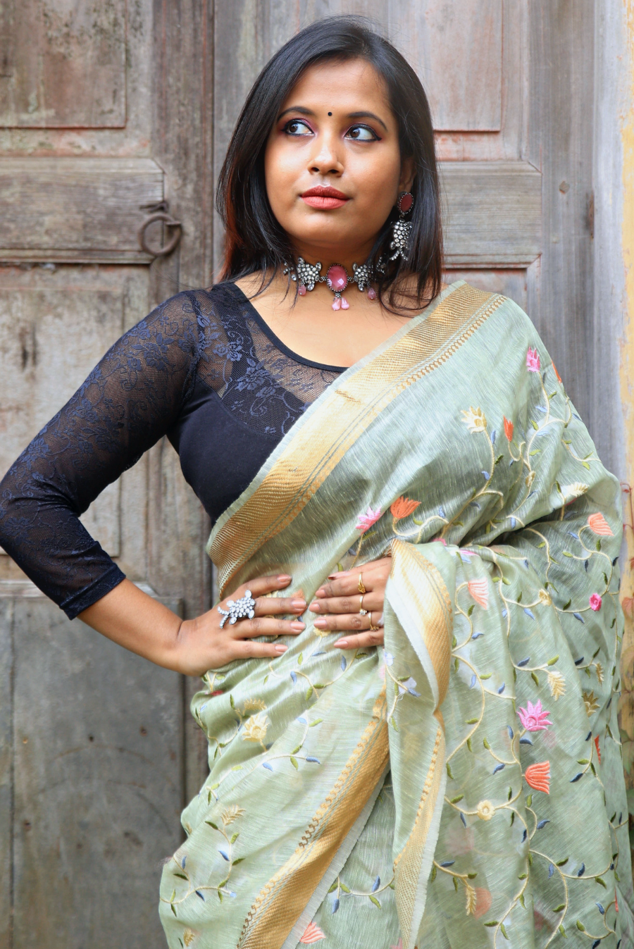 Embroidered Silk Linen Saree Shayari (SAREE)